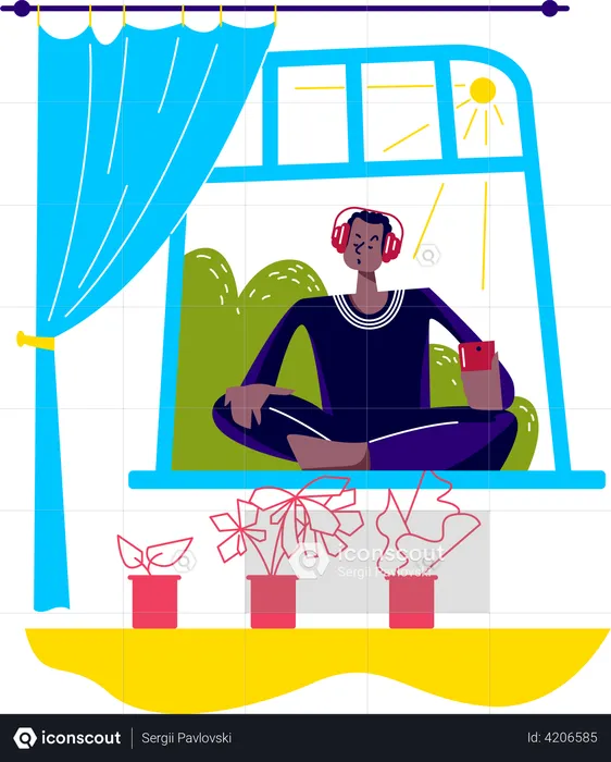 Man meditating at home listening to music  Illustration