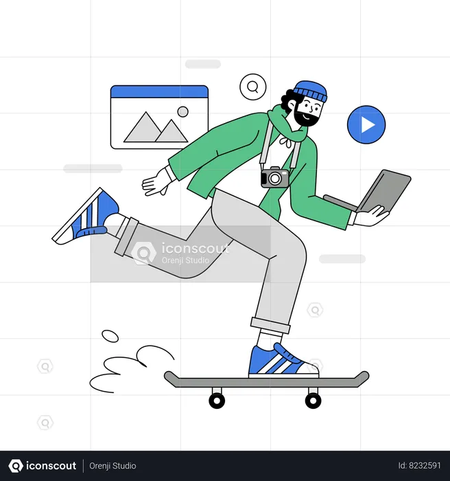 Man meets content editing deadline on skateboard  Illustration