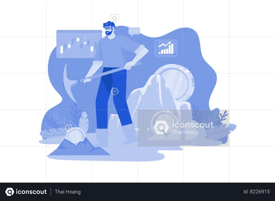 Man mining bitcoin using Virtual technology  Illustration