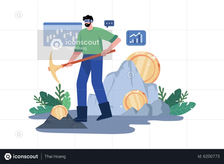 Man mining bitcoin using Virtual technology  Illustration