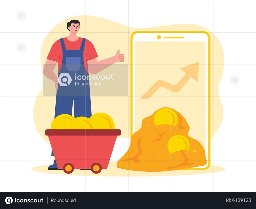 Man mining coins using mobile app  Illustration