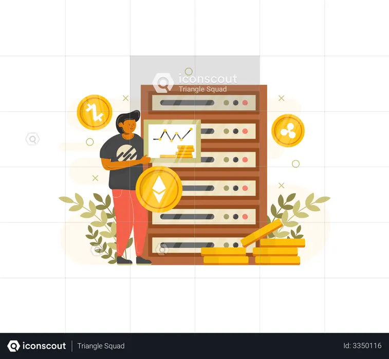 Man mining cryptocurrency using Server  Illustration