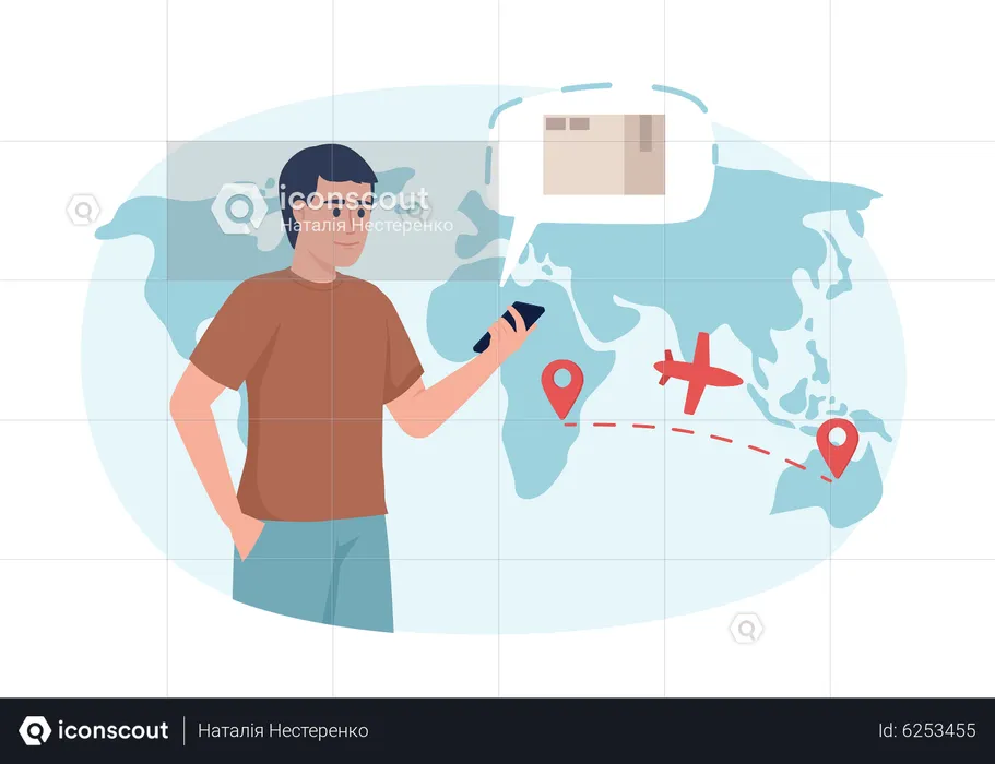Man monitoring parcel flight with mobile phone  Illustration