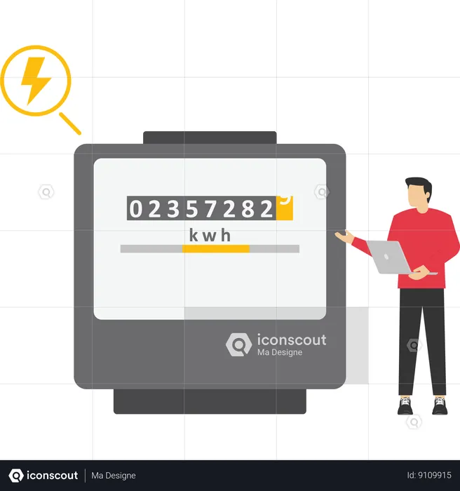 Man monitoring private electricity meter and calculating household utility bill  Illustration