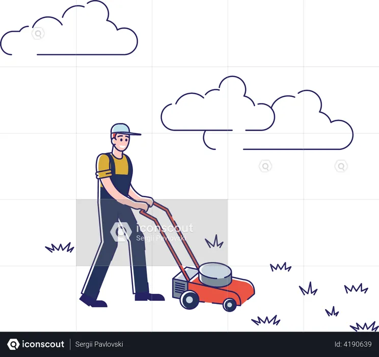 Man Mowing Lawn With Lawn mower  Illustration