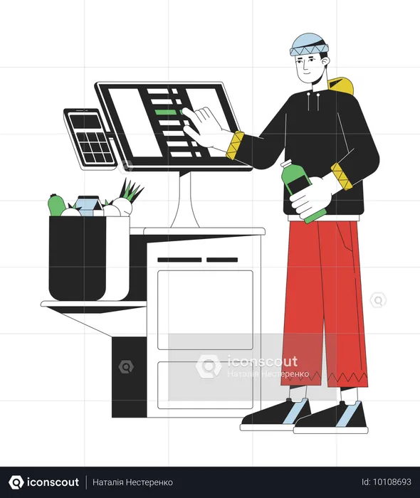 Man near self checkout terminal  Illustration