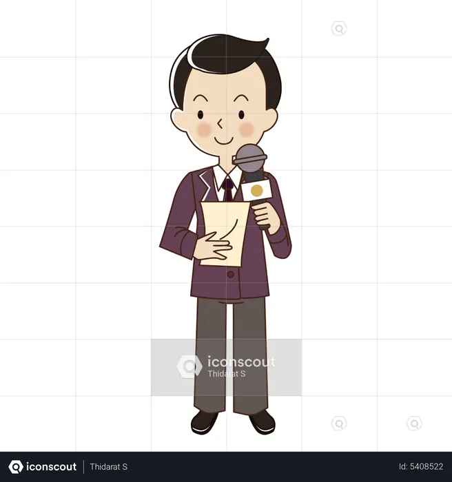 Man news reporter with microphone and script paper  Illustration