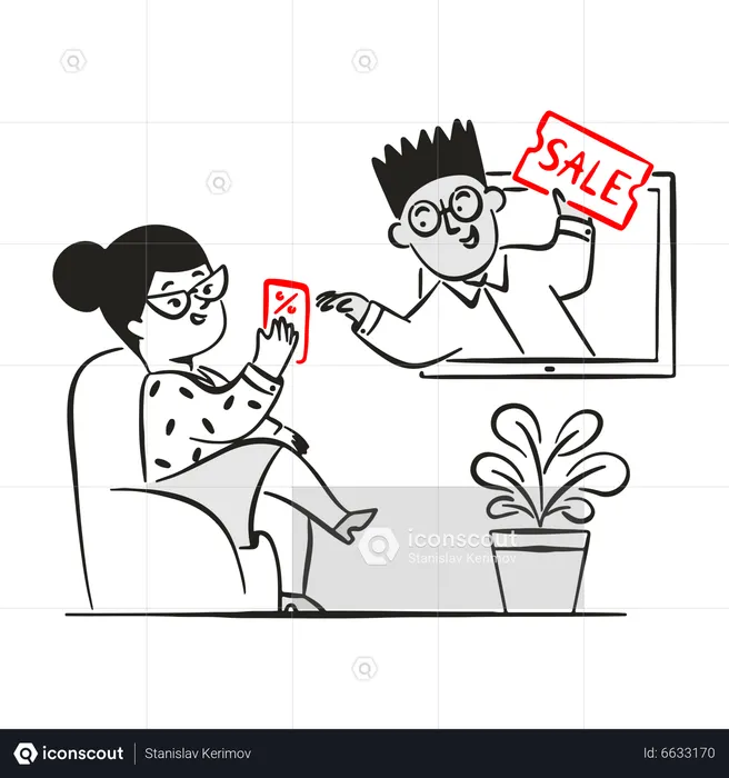 Man offering woman a discount coupon  Illustration