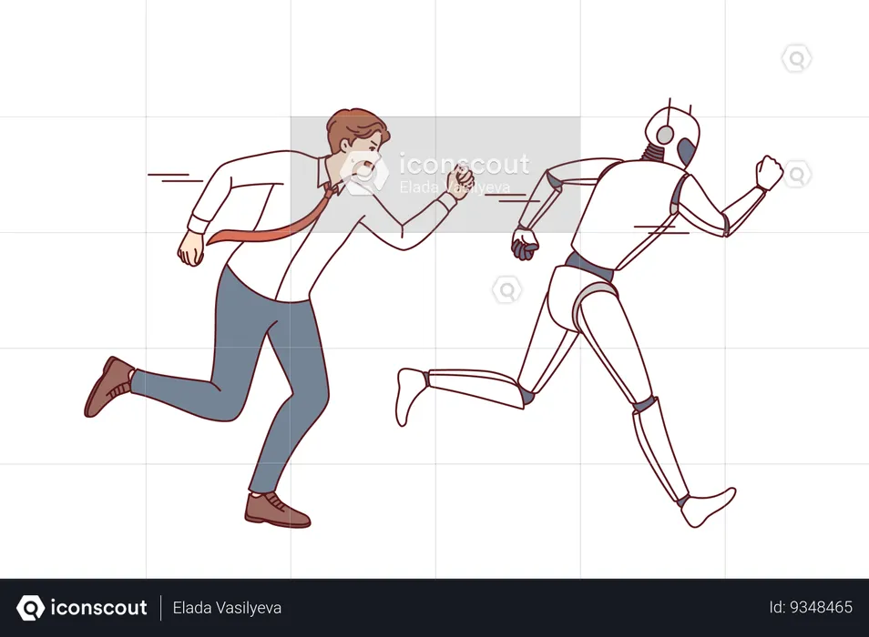 Man office clerk attacks AI robot out of fear digitalization and robotization causing mass layoffs  Illustration