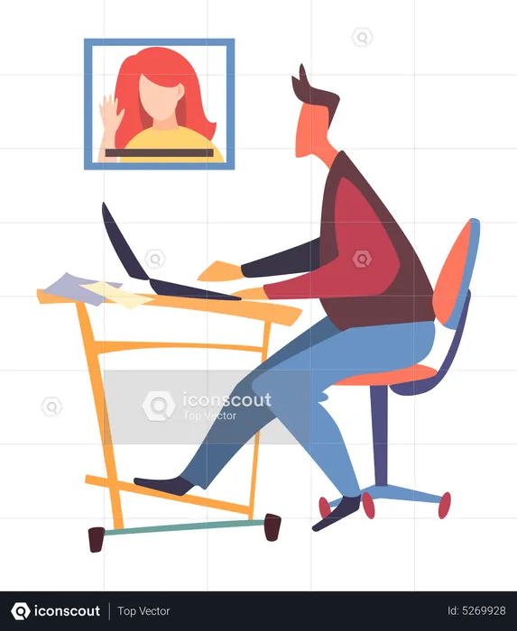 Man office worker sitting at table, using laptop, talking through videocall with colleague woman  Illustration