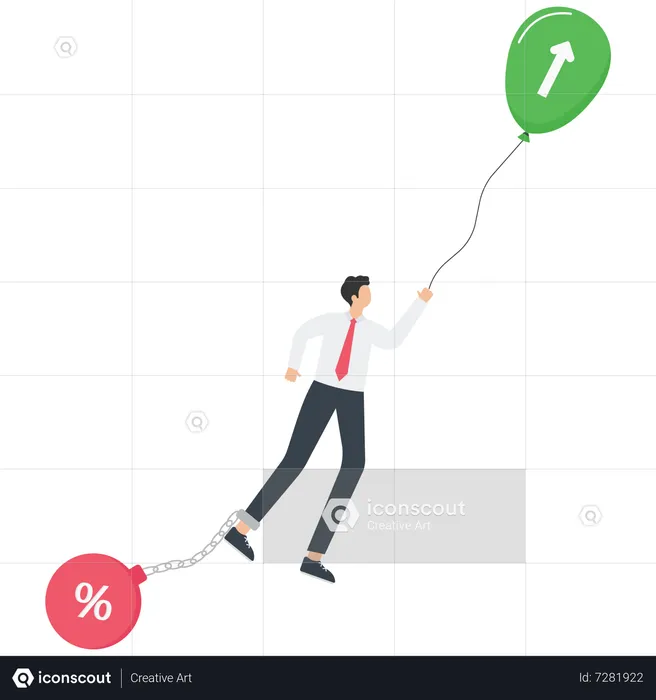 Man on balloon flies over cliff  Illustration