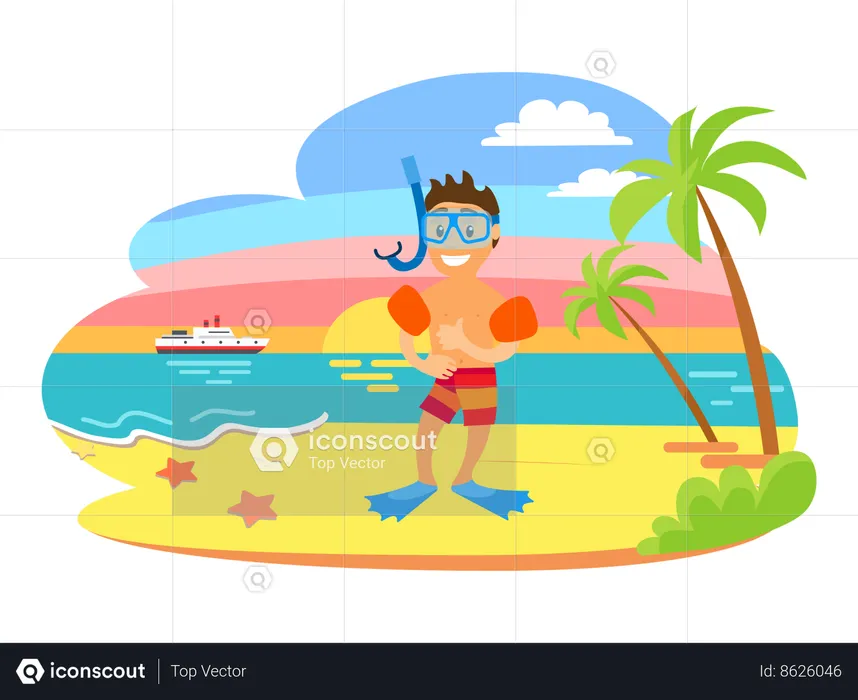 Man on beach wearing swimming equipment  Illustration