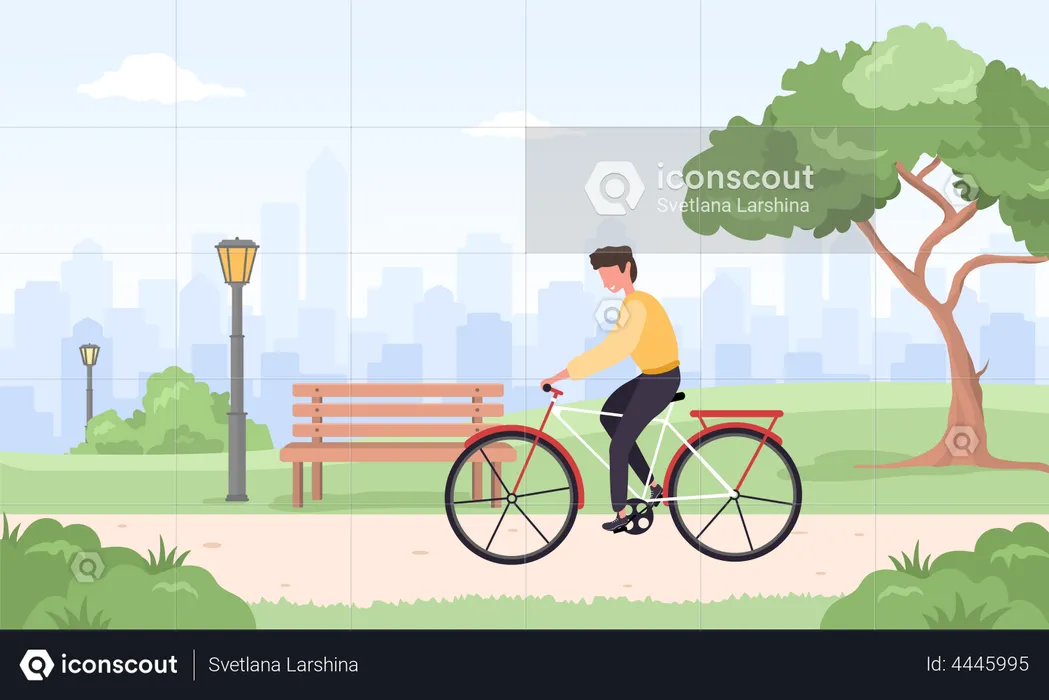 Man on bicycle rides around city  Illustration