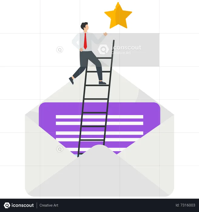Man on ladder in an envelope points to star  Illustration