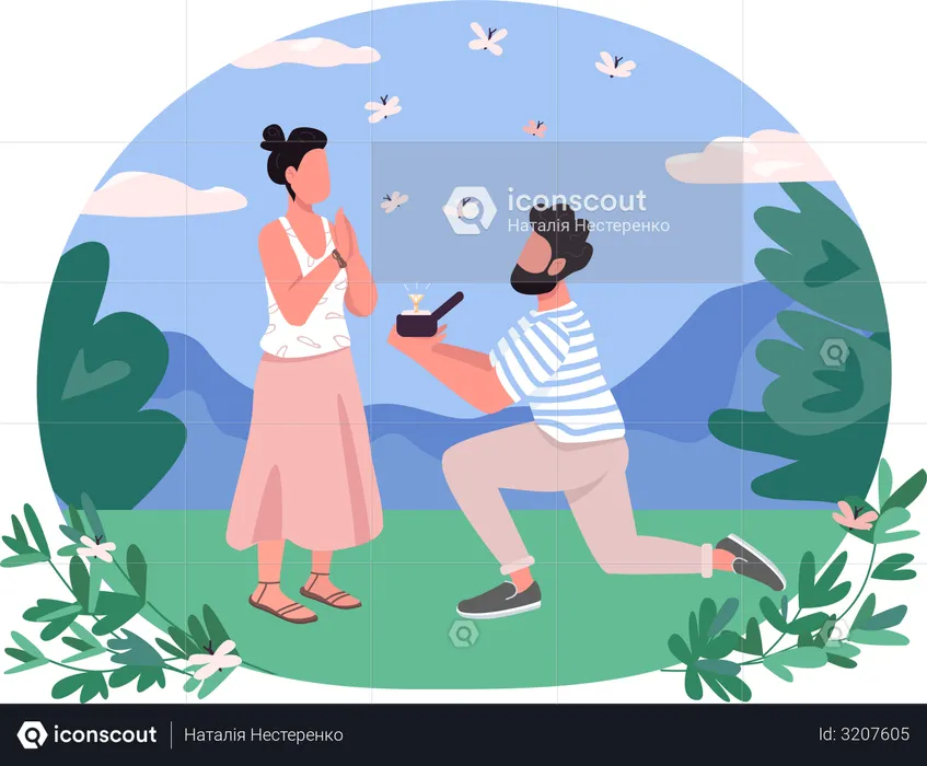 Man on one knee present diamond ring for Marriage proposal  Illustration