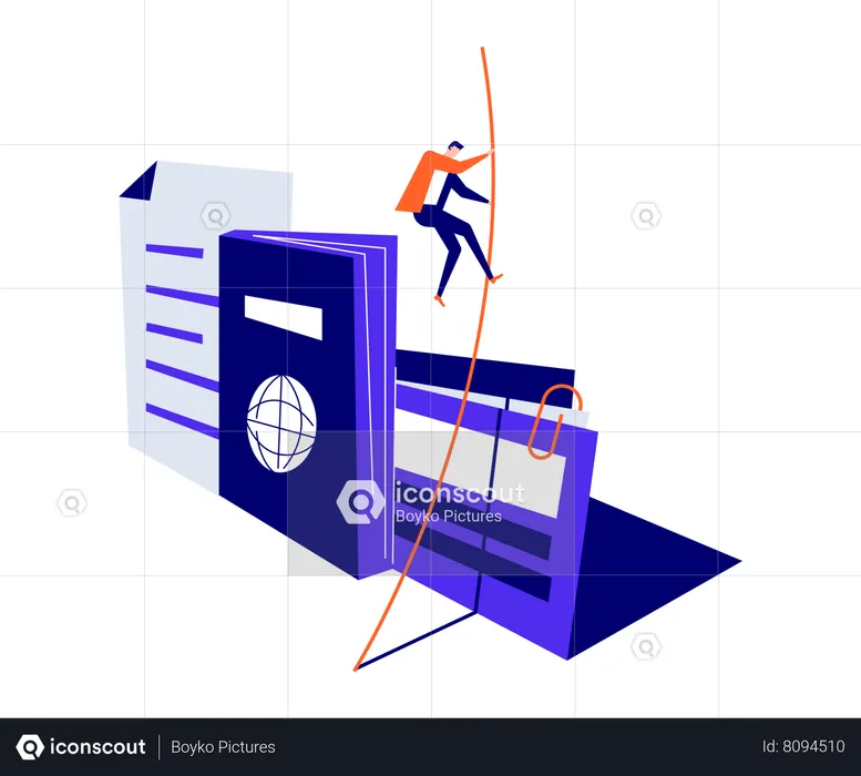 Man on pole trying to jump over passport and papers  Illustration