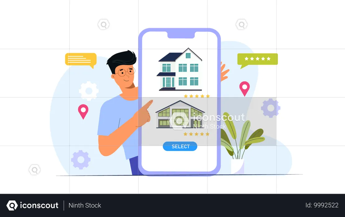 Man Online selecting home using app  Illustration