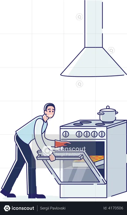 Man opening over of electric stove  Illustration