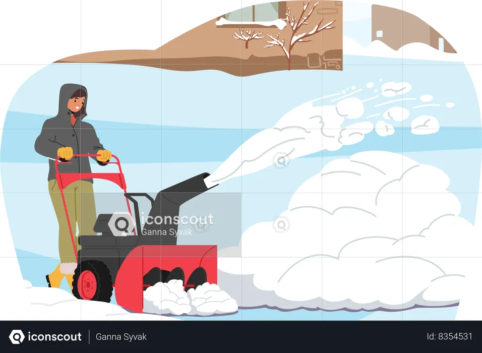 Man operates snowblower at house front yard  Illustration