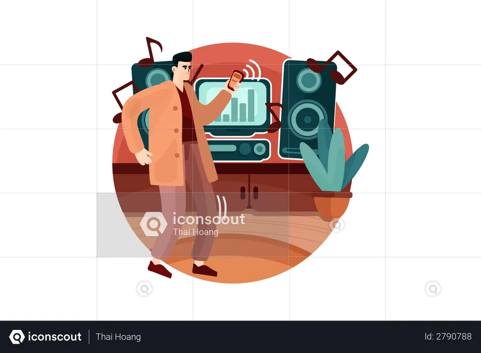Man Operating home theater with smartphone  Illustration