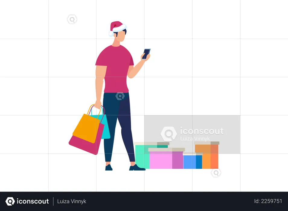 Man operating smartphone holding shopping bags  Illustration