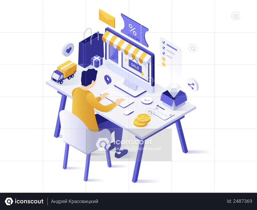 Man or customer sitting at computer and buying goods at internet store  Illustration