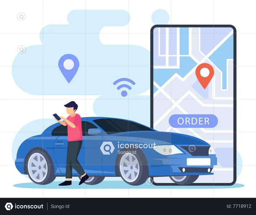 Homem solicita serviço de transporte urbano via aplicativo móvel  Ilustração