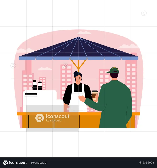 Man order coffee from coffee kiosk  Illustration