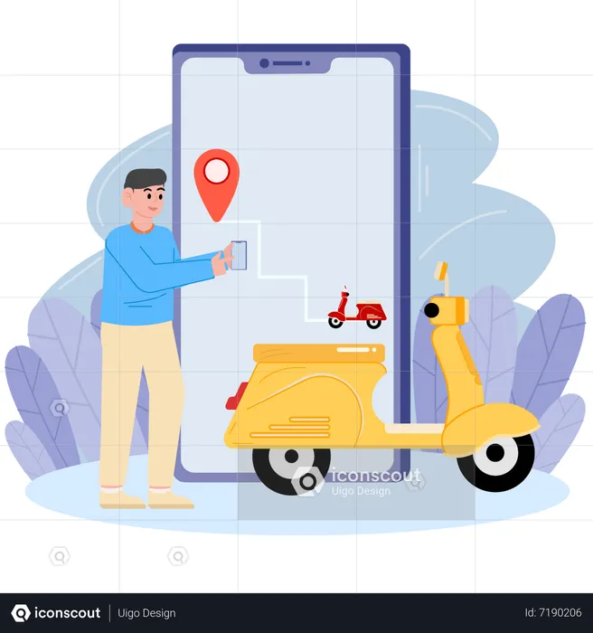 Man ordering bike taxi through mobile app  Illustration