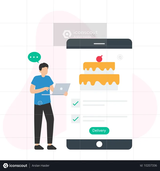 모바일로 생일 케이크를 주문하는 남자  일러스트레이션