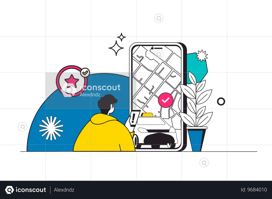모바일 앱을 사용하여 택시를 주문하는 남자  일러스트레이션