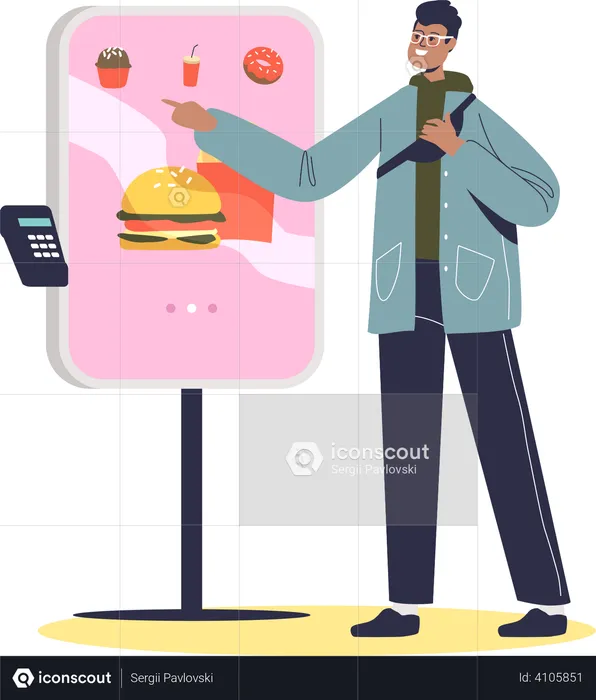 Man ordering fast food from online kiosk  Illustration