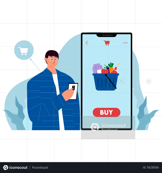 Best Premium Man ordering groceries through mobile app Illustration ...