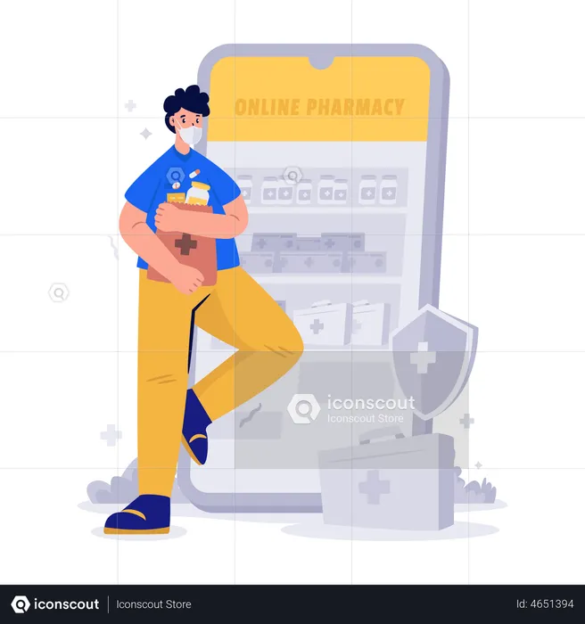 Man ordering medicines from online pharmacy app  Illustration