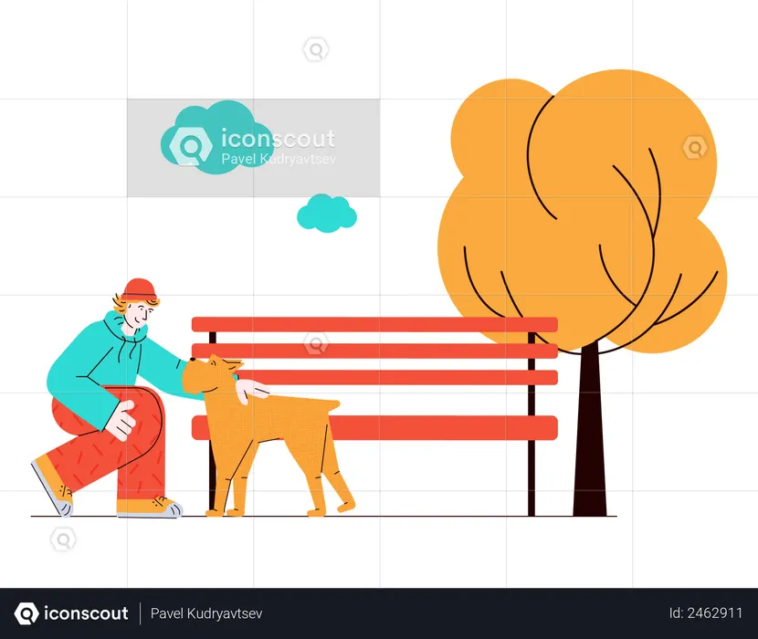 Man pampering dog in the park  Illustration