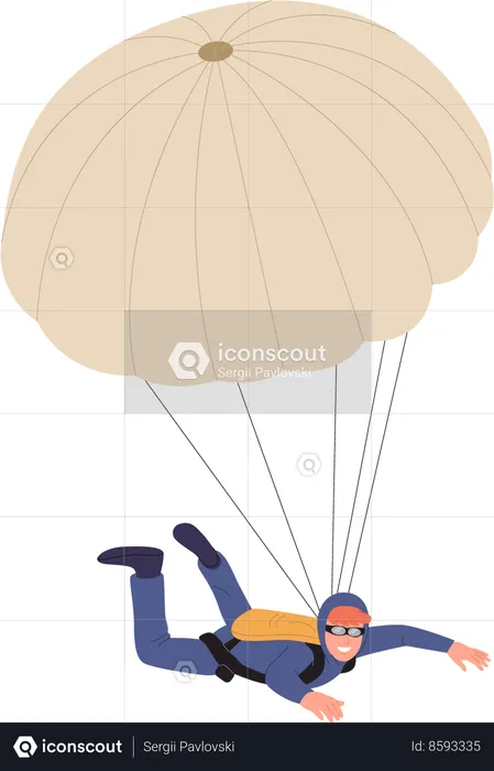 Man paratrooper using parachute free flying in sky enjoying skydiving hobby  Illustration