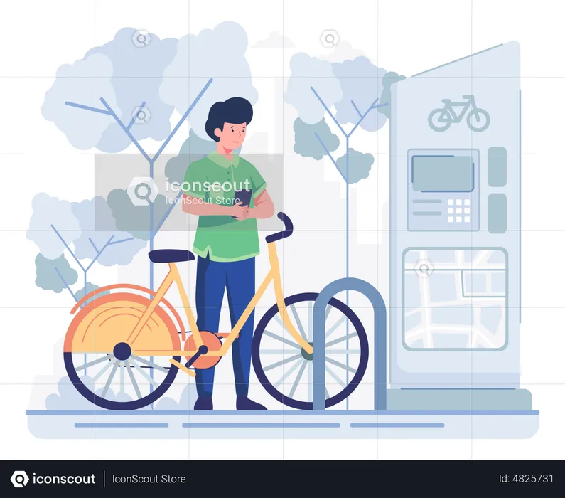 Man park bicycle at the parking station  Illustration