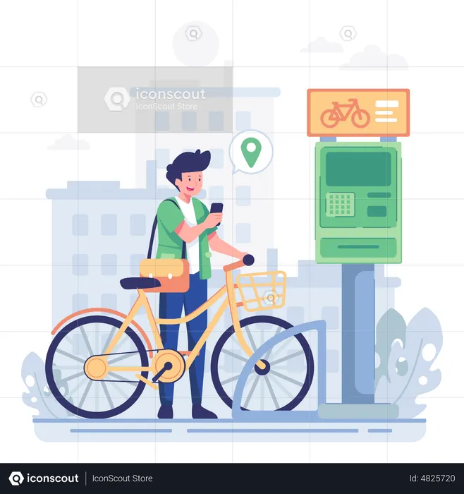 Man parking bike at drop off station  Illustration