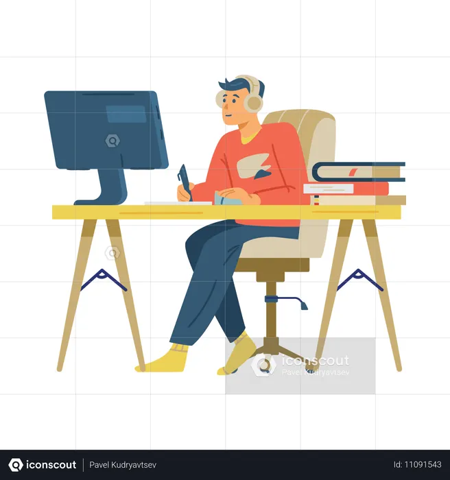 Man participating in online training or courses  Illustration