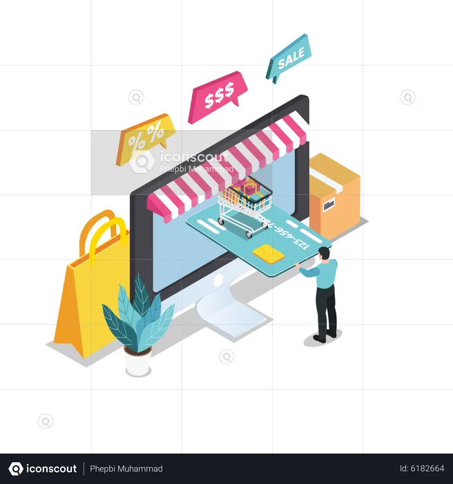 Man pay via card for online shopping  Illustration