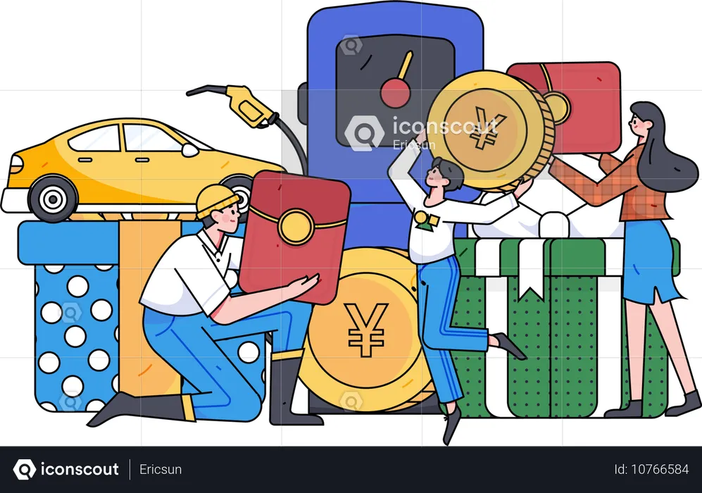 Man paying currency coin at petrol station  Illustration