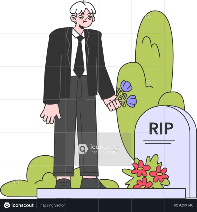 Man paying respect at gravestone  Illustration