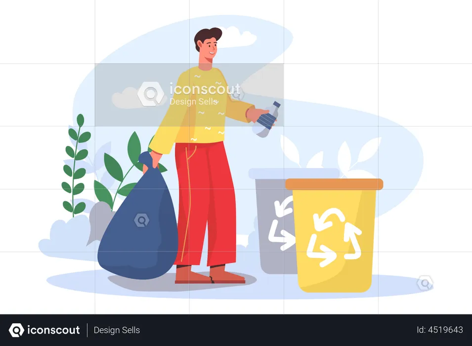 Man picking plastic bottles and throws bins for recycling  Illustration