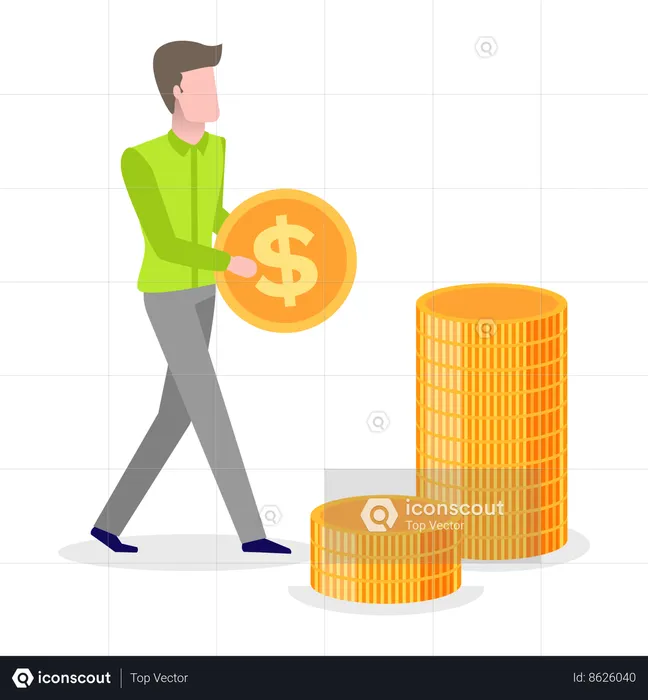 Man piling stack of dollar coin  Illustration
