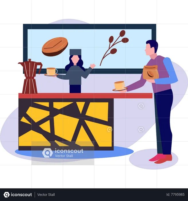 Man placing coffee cup on counter  Illustration