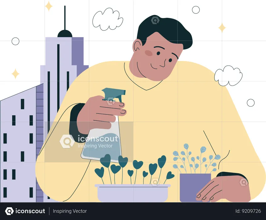 Man planting and watering sprout on balcony  Illustration