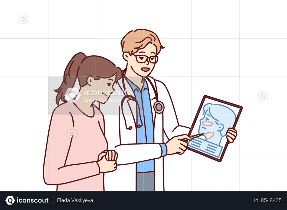 Man plastic surgeon consults woman patient demonstrating tablet with ways to tighten skin  Illustration