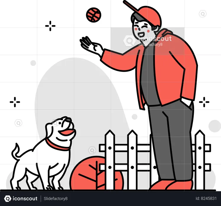 Man Playing Ball with  Dog  Illustration