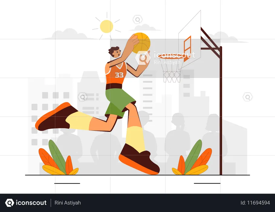 Man Playing Basketball Wearing a Basketball Uniform on a Court for a Tournament  Illustration