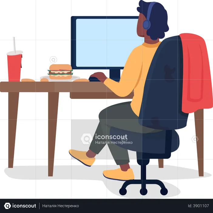 Man  Playing Game on Desk with Burger  Illustration
